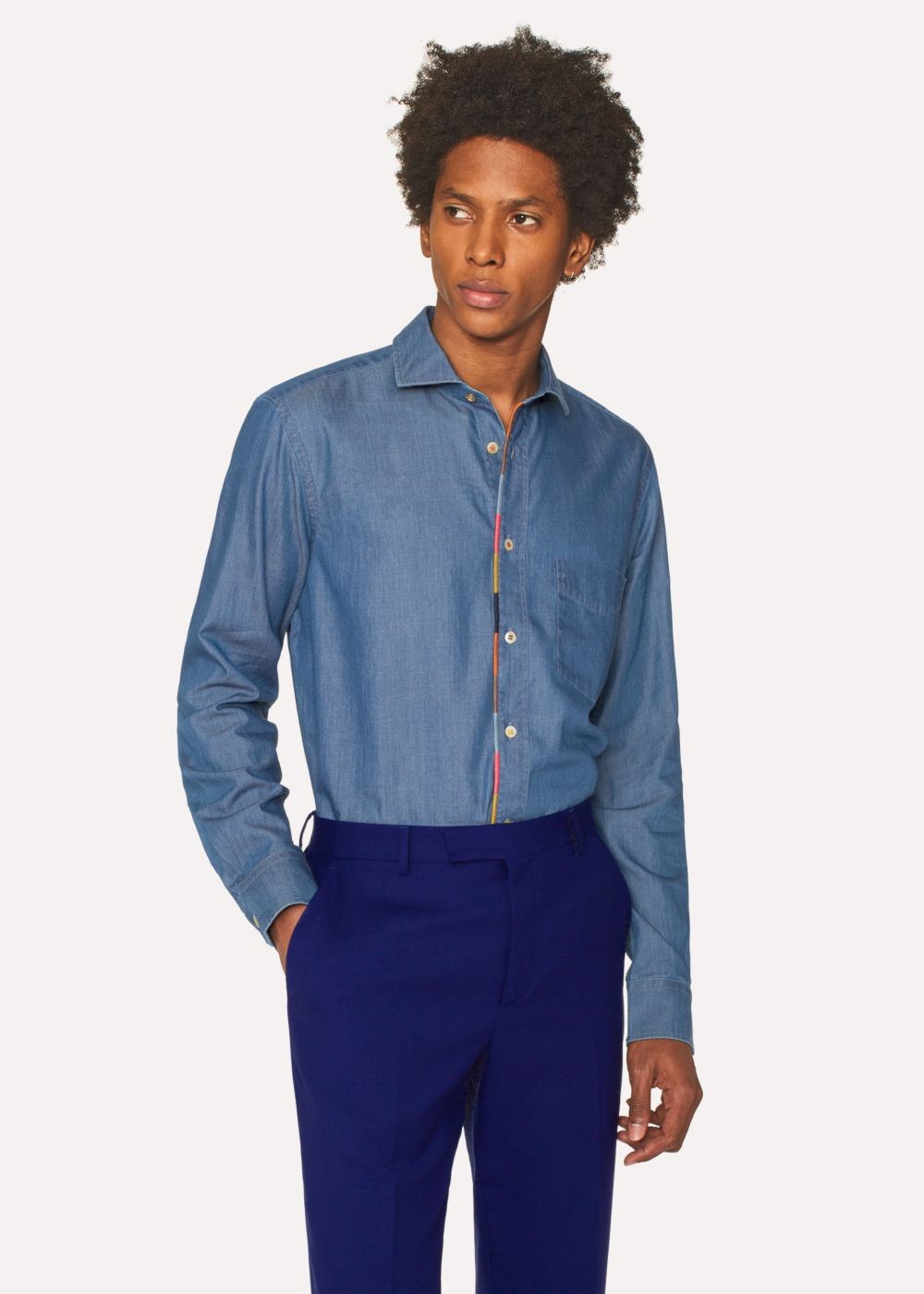 Paul Smith Men's Tailored-Fit Blue Chambray T-Shirt With 'artist Stripe' Placket Embroidery