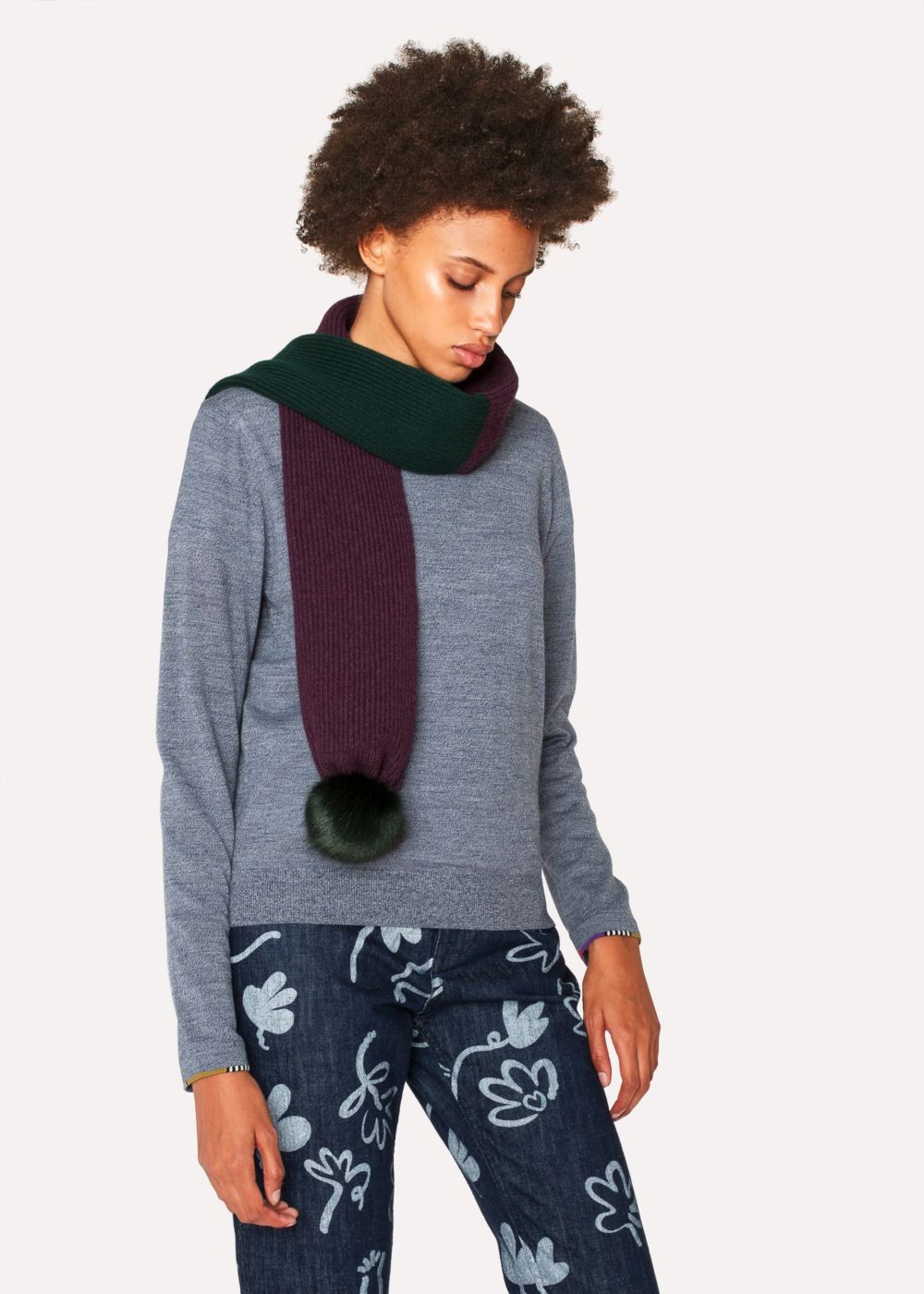Paul Smith Women's Green And Burgundy Ribbed Scarf With Pom Poms