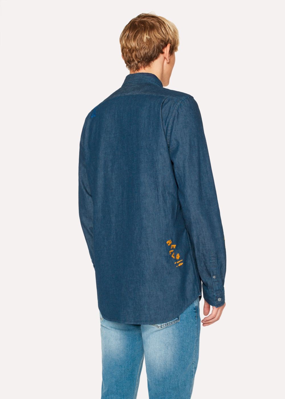 Paul Smith Men's Tailored-Fit Indigo Denim shirt With Embroidered Doodles