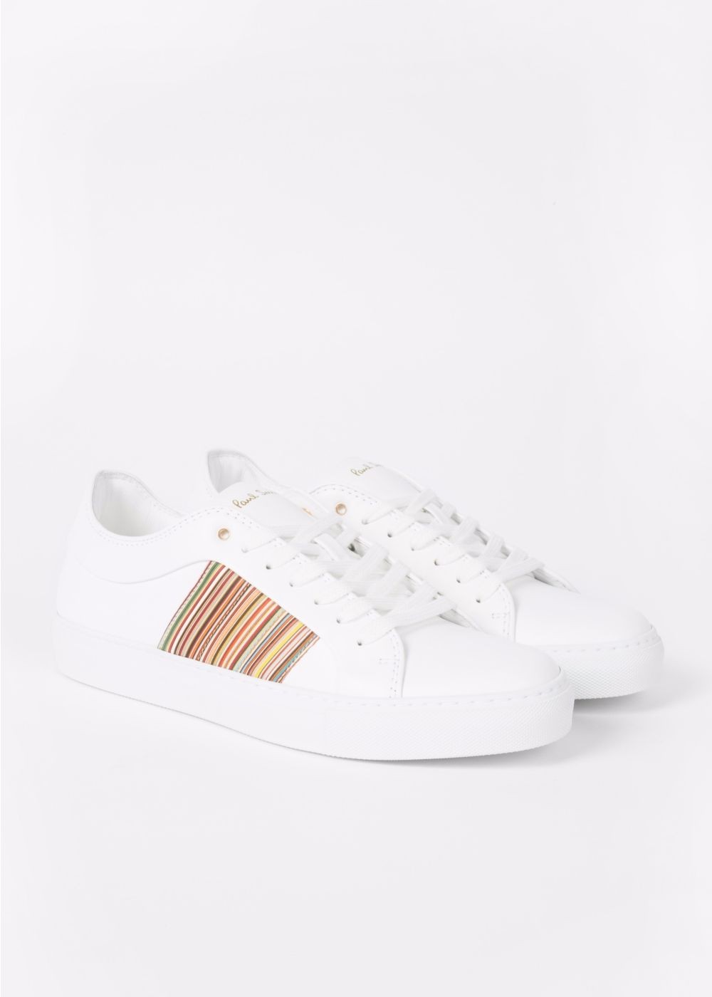 Paul Smith Mens's White Leather 'ivo' Sneakers With Signature Stripe Panels
