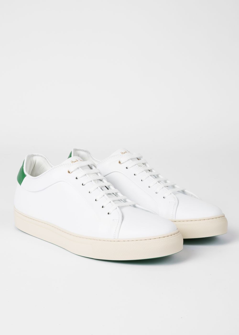 Paul Smith Mens's White Leather 'basso' Sneaker With Green Heel Trims
