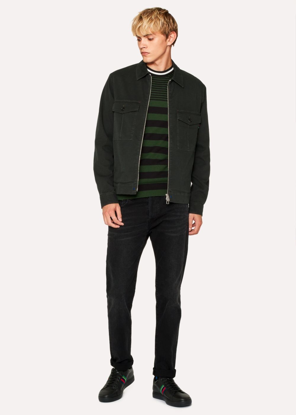 Paul Smith Mens's Khaki Stripe Crew Neck Sweater With Textured Collar