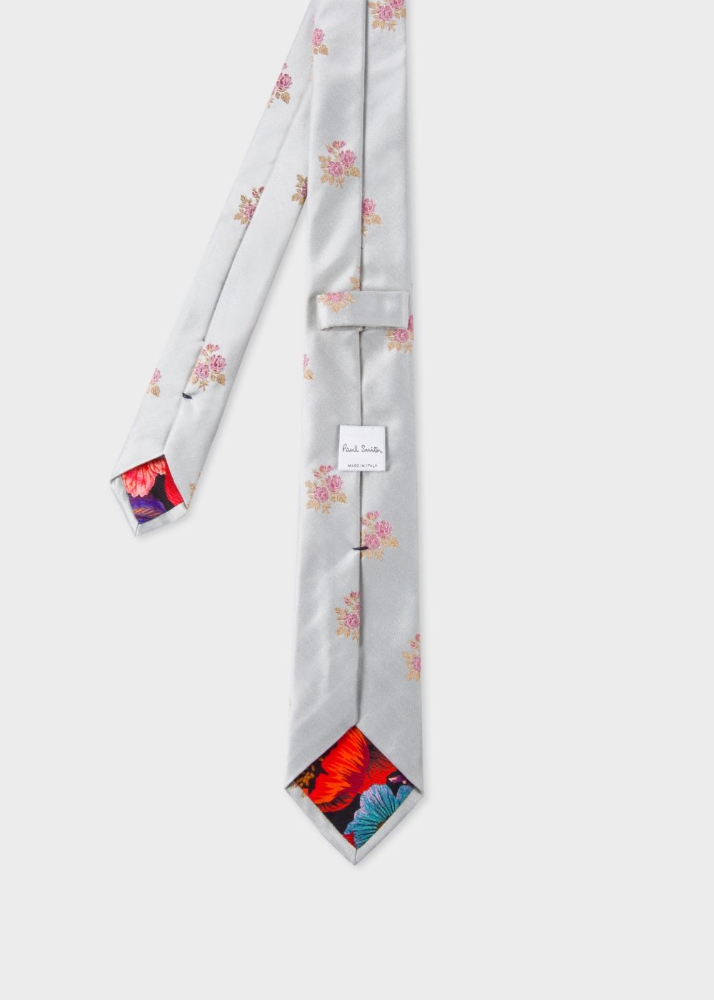 Paul Smith Men's Silver Embroidered Floral Narrow Silk Tie