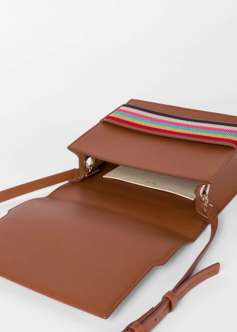 Paul Smith Women's Tan Leather Cross-Body HandBag With Multi-Coloured Stripe Embroidered Detail