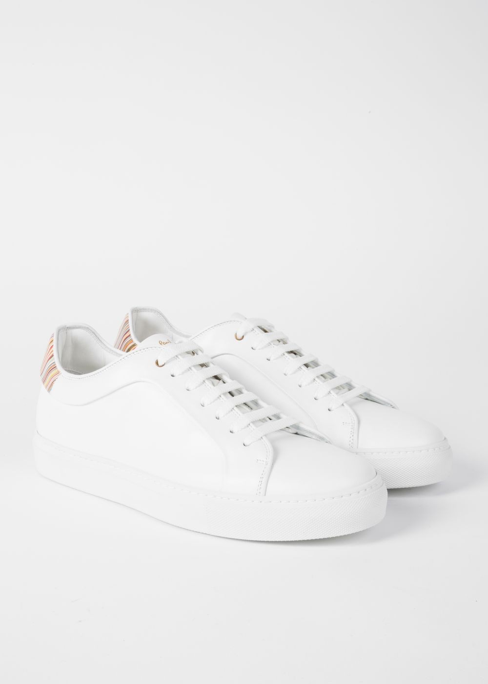 Paul Smith Men's White Leather 'basso' Trainers With Signature Stripe Trims