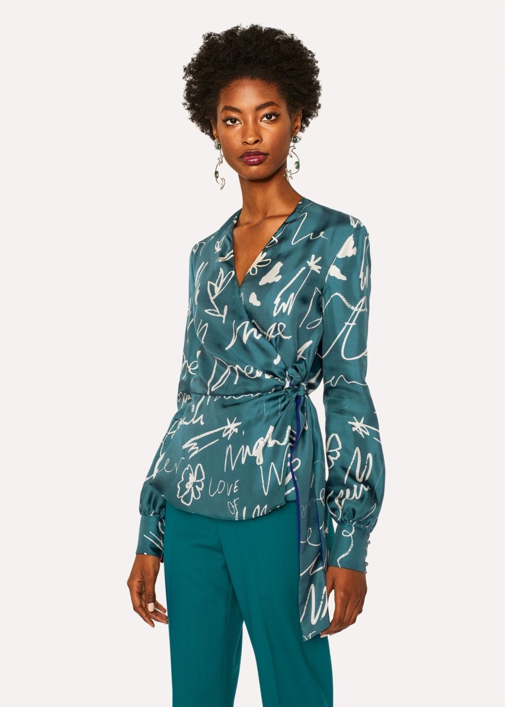 Paul Smith Lady's Teal 'ideas Script' Print Silk Wrap Top