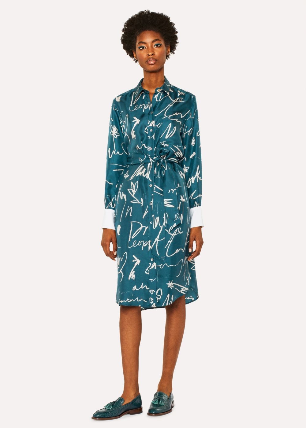 Paul Smith Lady's Teal 'ideas Script' Print Silk Shirt Dress