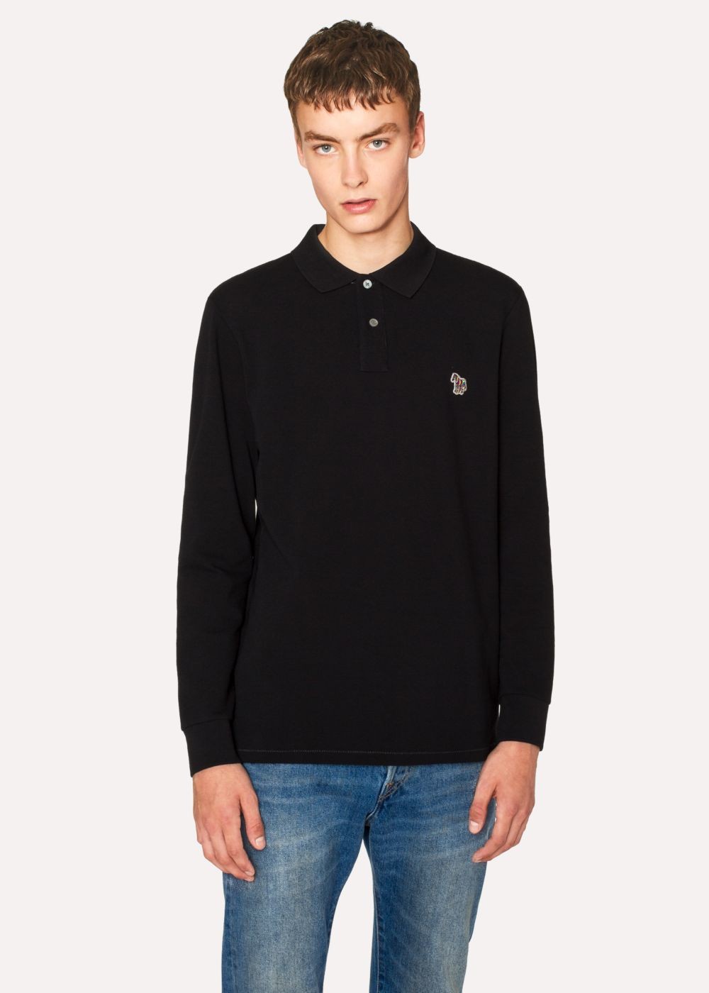 Paul Smith Men's Black Organic-Cotton Zebra Logo Long-Sleeve Polo Tee