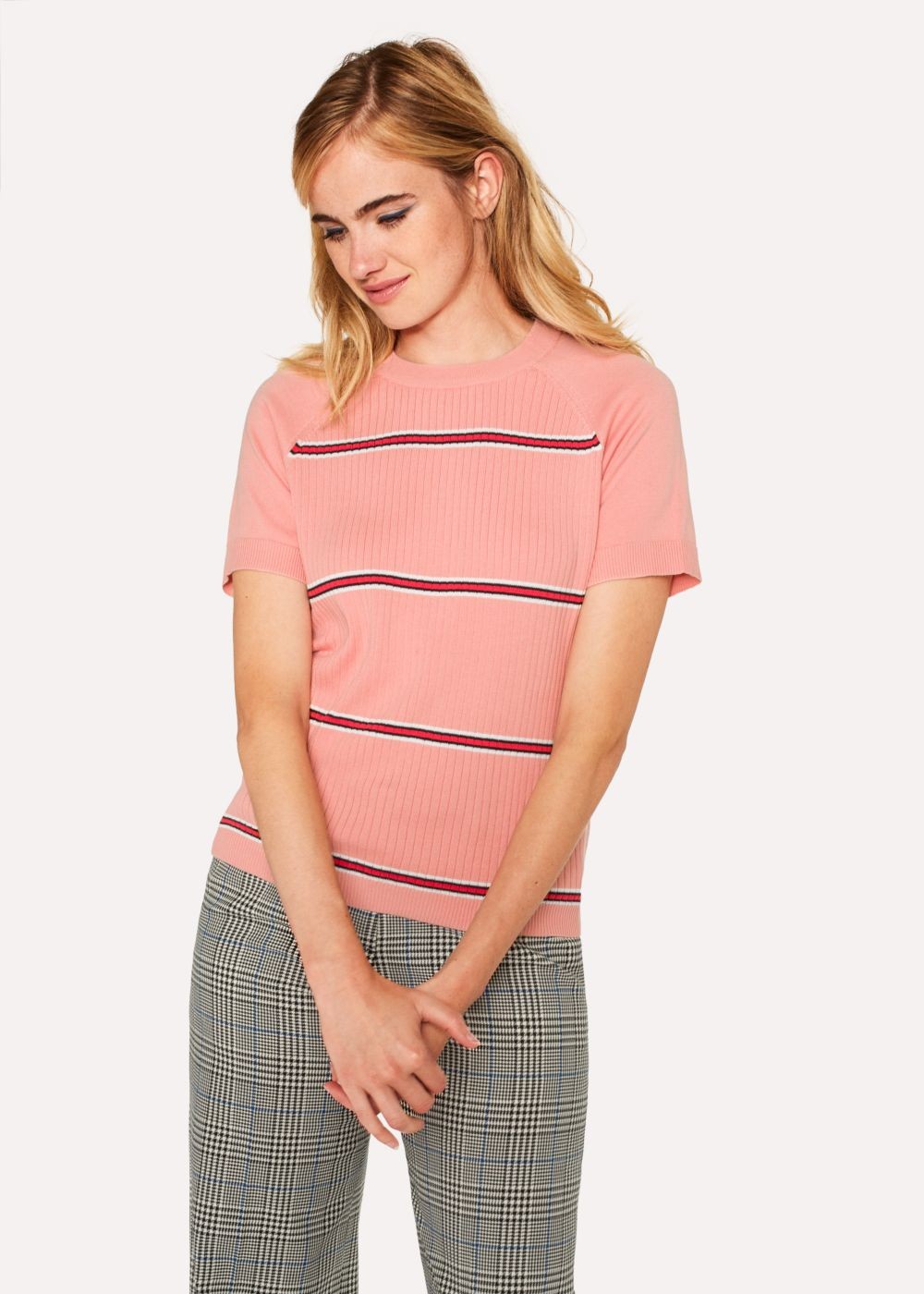 Paul Smith Lady's Pink Stripe Cotton Short-Sleeve Sweater