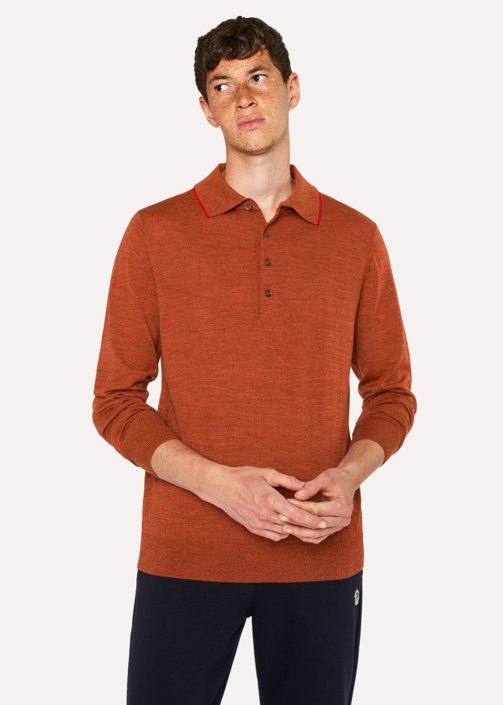 Paul Smith Men's Burnt Orange Merino Wool Long-Sleeve Polo Shirts