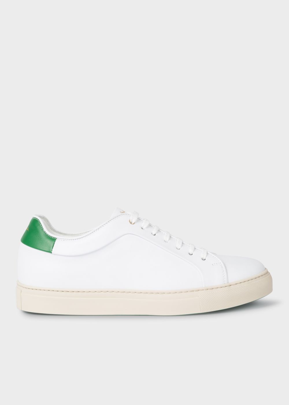Paul Smith Mens's White Leather 'basso' Sneaker With Green Heel Trims