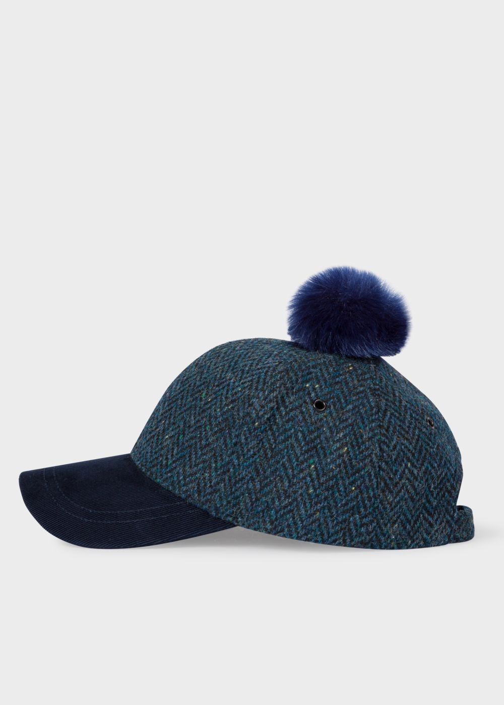 Paul Smith Lady's Navy Herringbone Wool Pom-Pom Cap