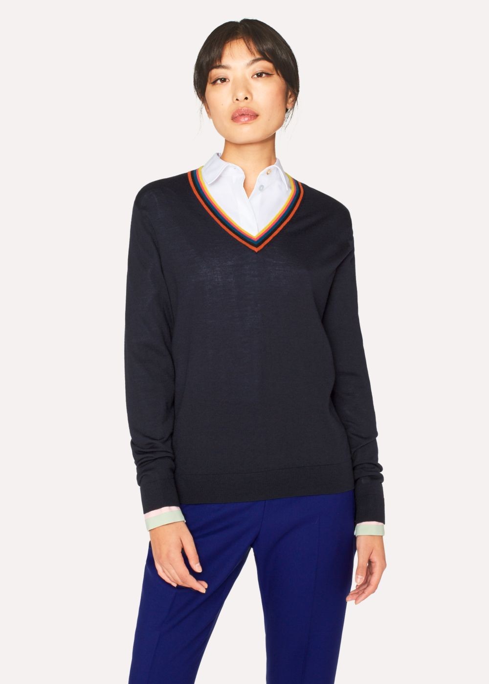 Paul Smith Lady's Dark Navy 'artist Stripe' V-Neck Wool Sweater