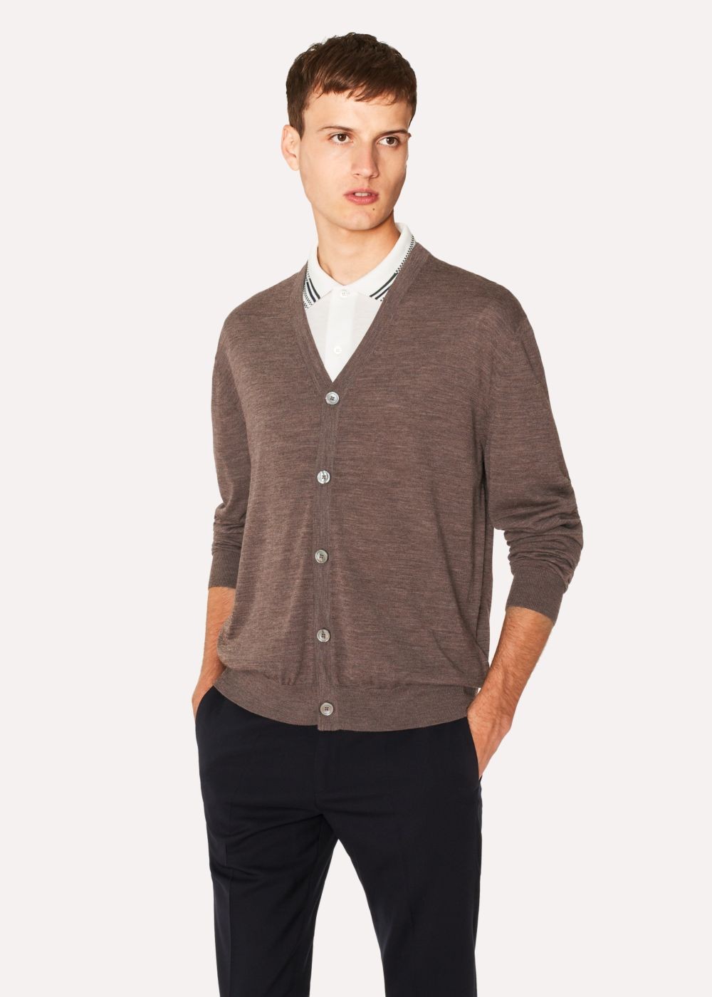 Paul Smith Men's Taupe Merino Wool Cardigan With Contrast Internal Trims Clothing
