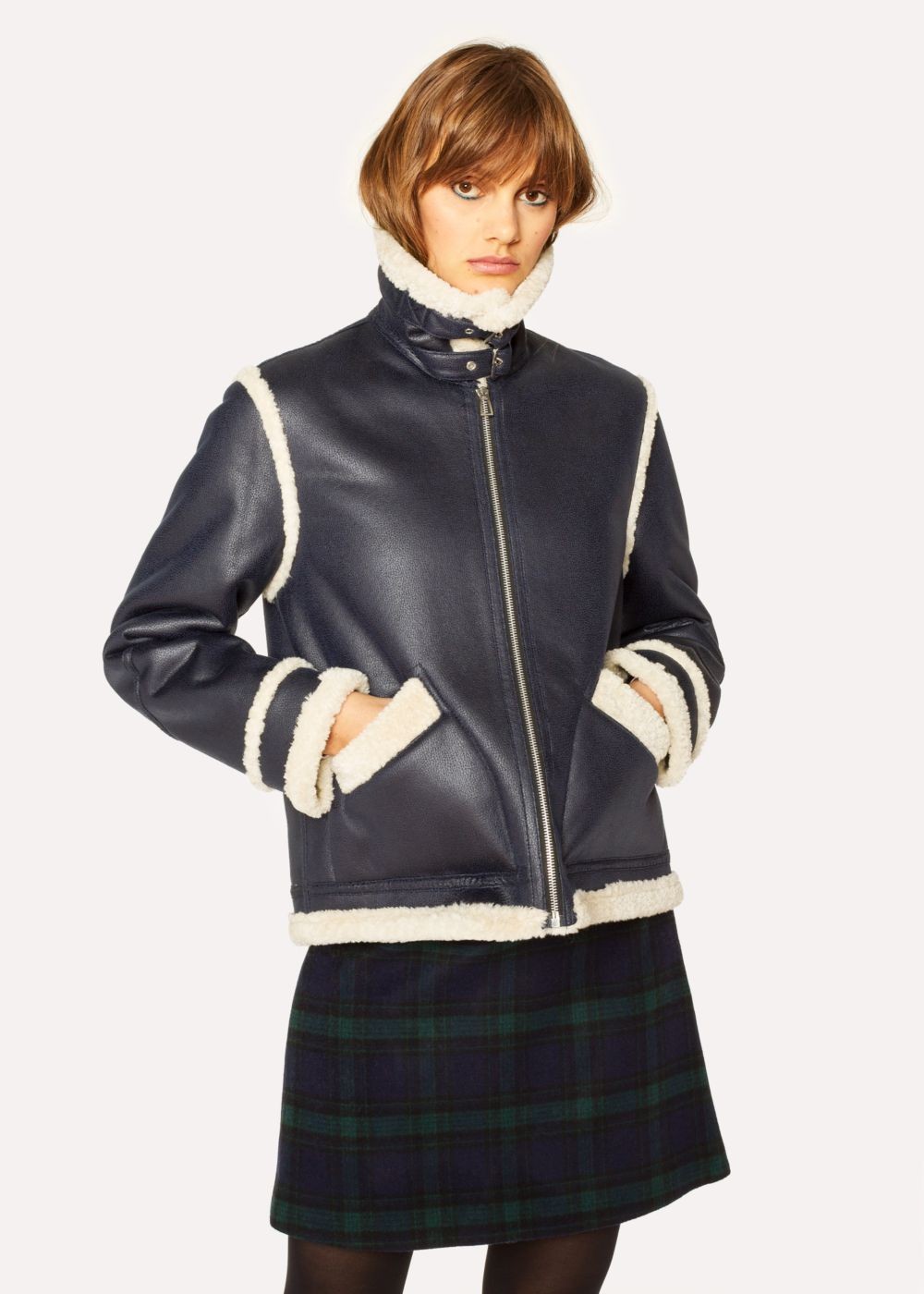 Paul Smith Womens's Navy Faux Shearling Aviator Jackets With Contrast Trims