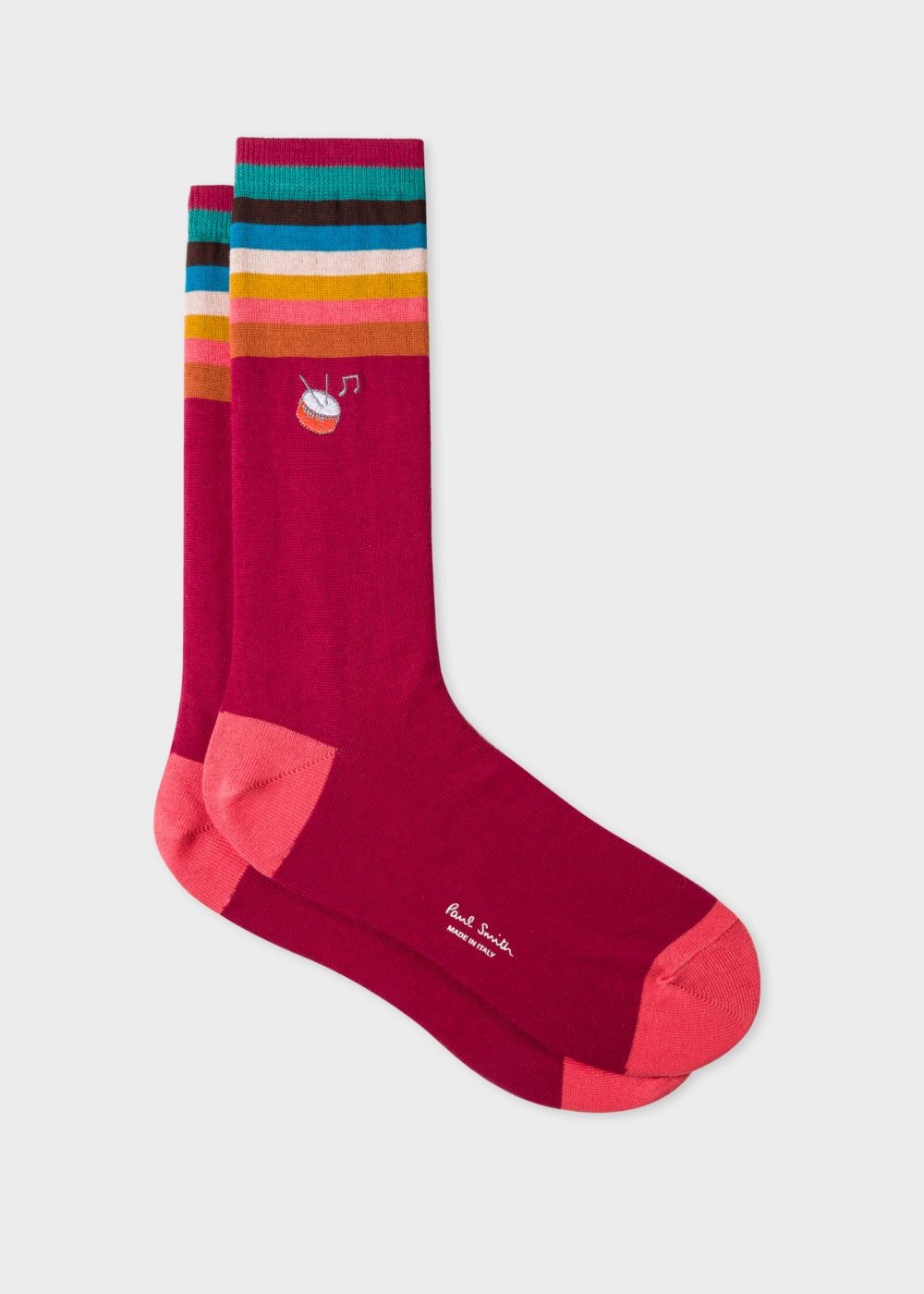 Paul Smith Men's Burgundy 'artist Stripe' Cuff Socks With Embroidered Motif