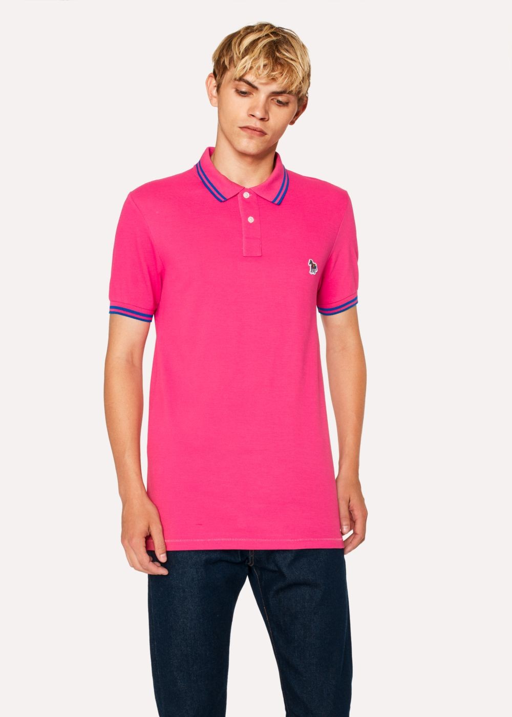 Paul Smith Men's Slim-Fit Pink Zebra Polo Tshirt With Cobalt Blue Tipping