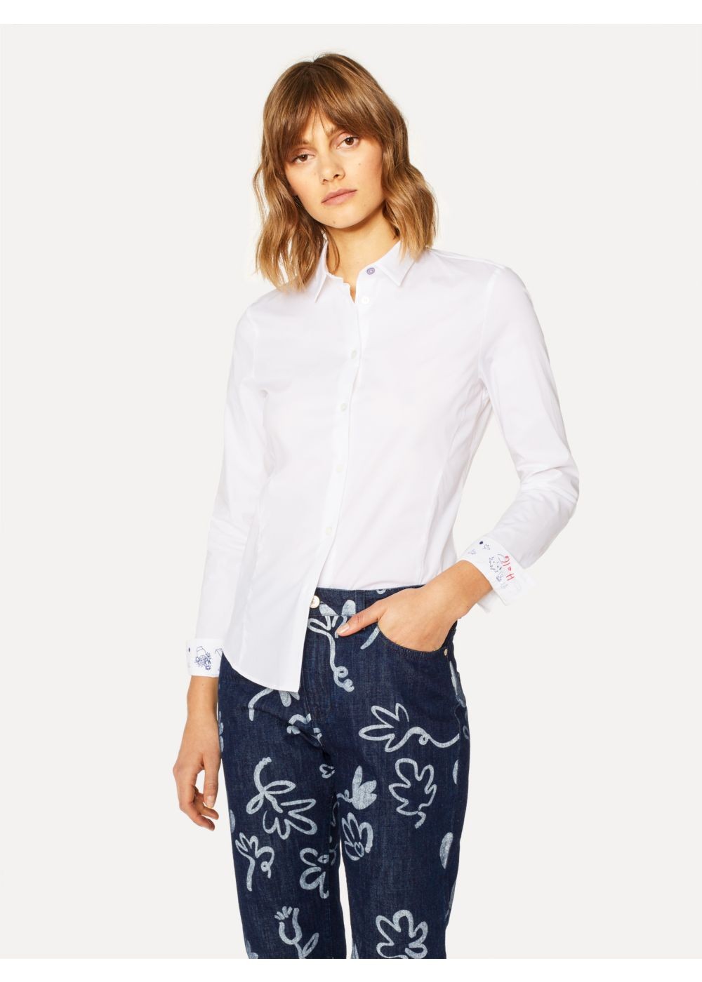 Paul Smith Lady's White Slim-Fit Stretch-Cotton T-Shirts With 'paul's Sketchbook' Cuff Lining