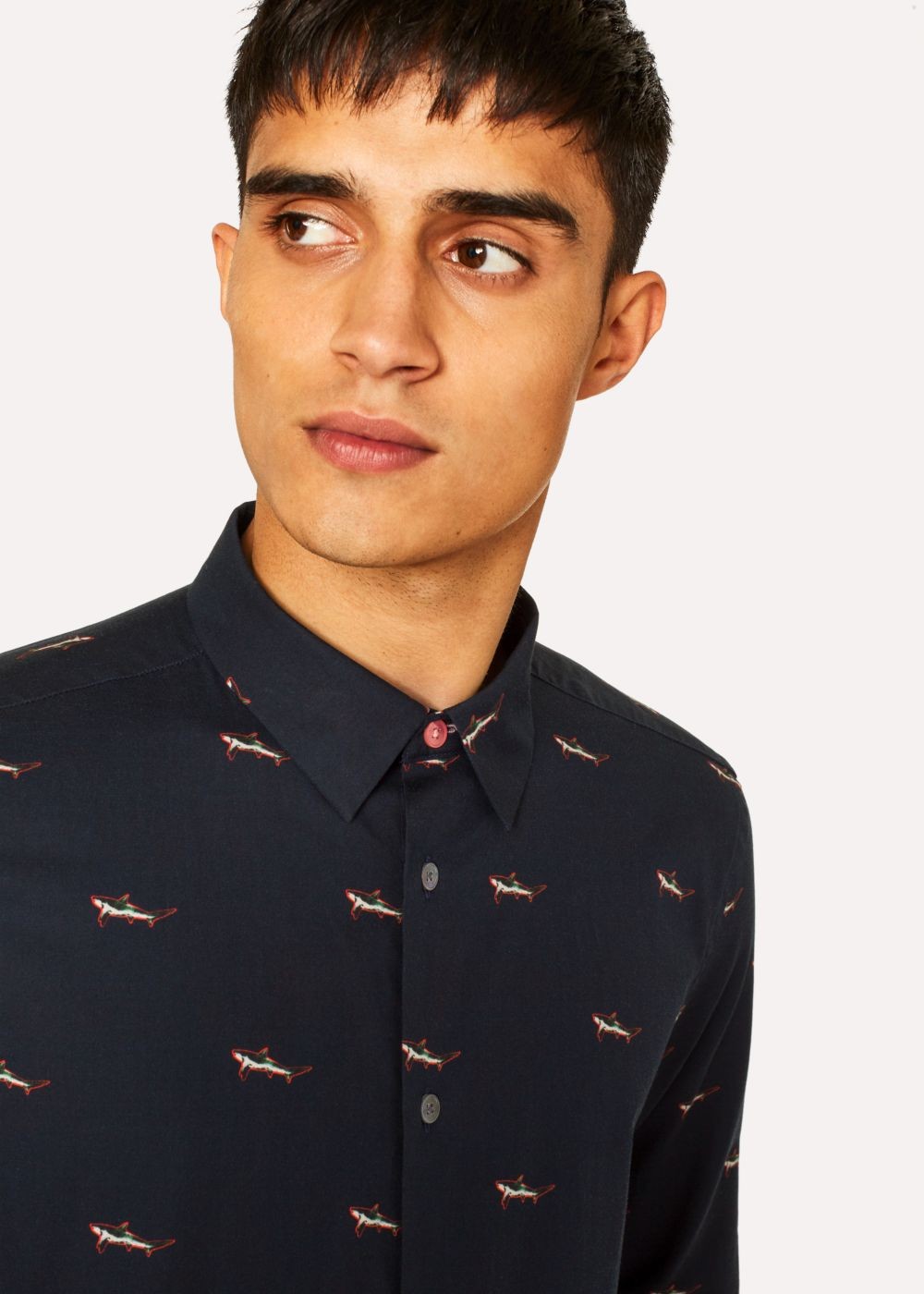 Paul Smith Men's Slim-Fit Dark Navy 'artful Lives Shark' Print Cotton T-Shirts
