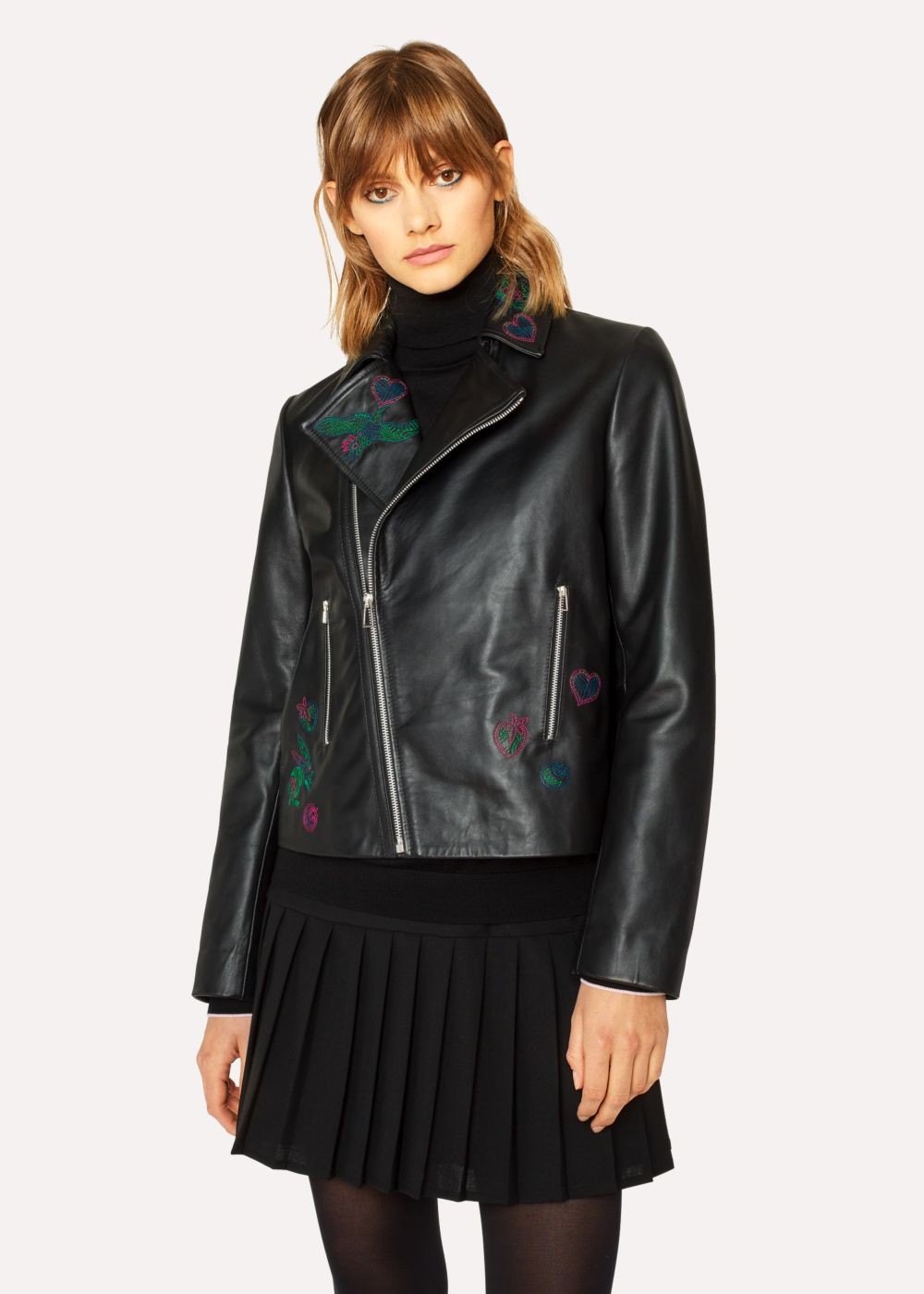Paul Smith Women's Black Leather Biker Coats With Embroidered 'karami' Detail