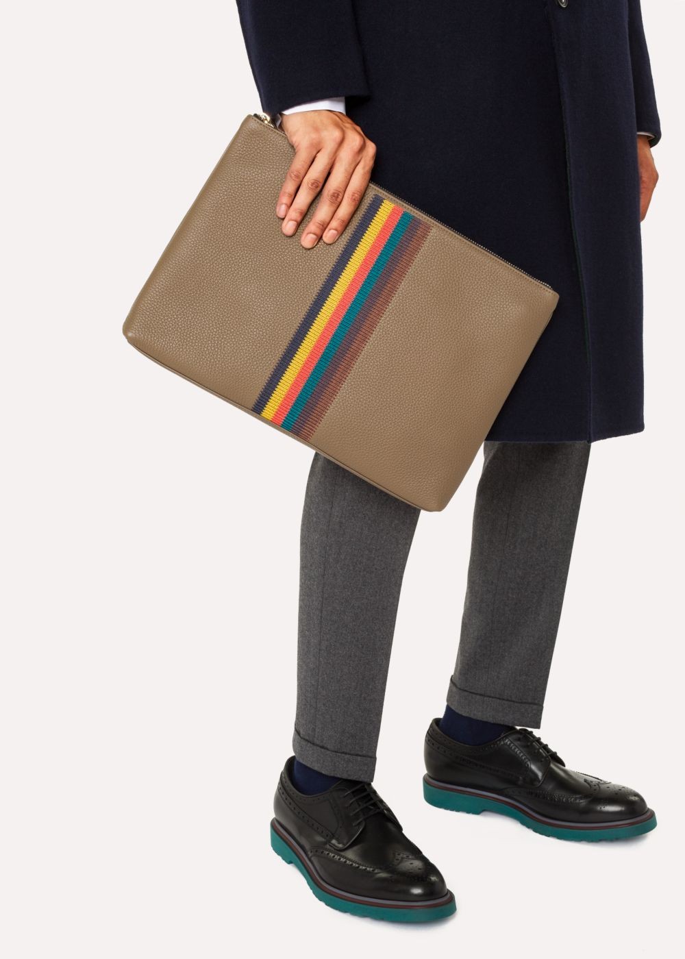 Paul Smith Men's Taupe 'bright Stripe' Leather Document Pouch Accessories