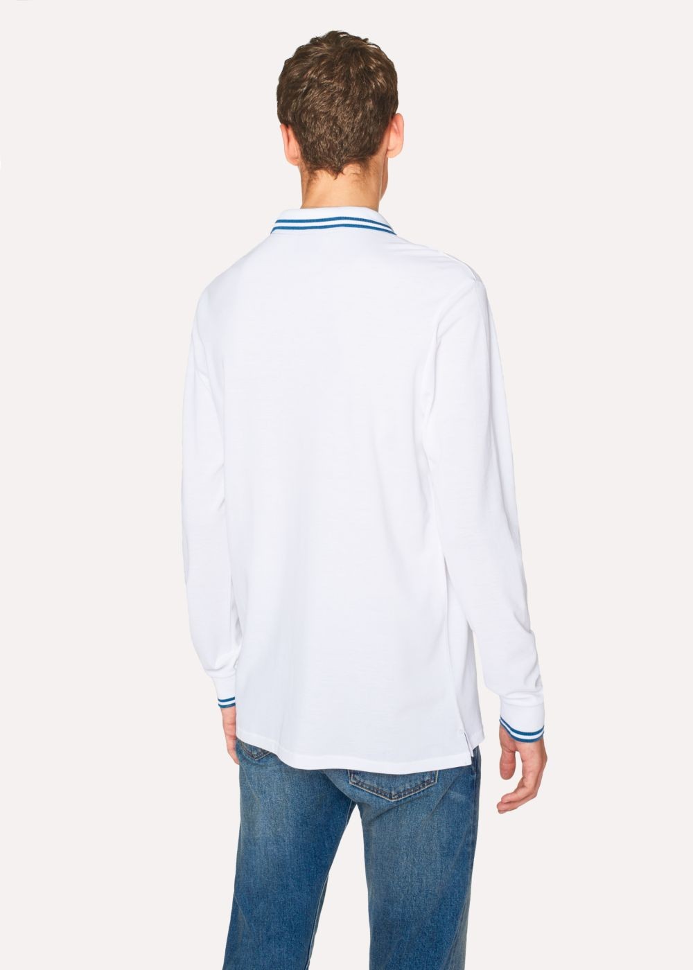 Paul Smith Men's White Zebra Long-Sleeve Polo shirt With Petrol Tipping