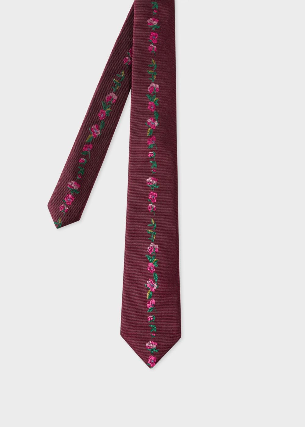 Paul Smith Men's Burgundy 'floral Stripe' Embroidered Narrow Silk Tie