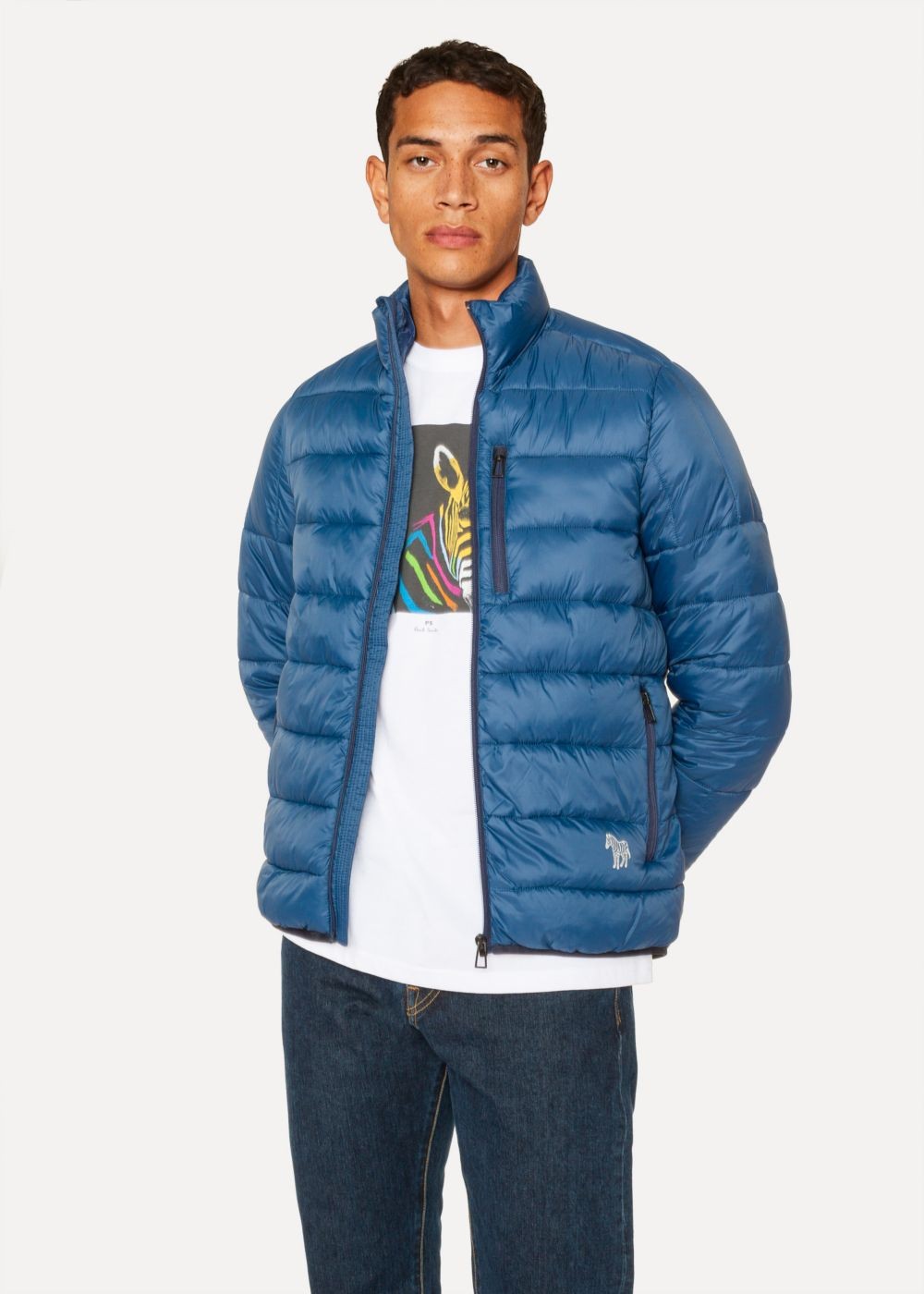 Paul Smith Men's Blue Quilted coat With Reflective Zebra Logo