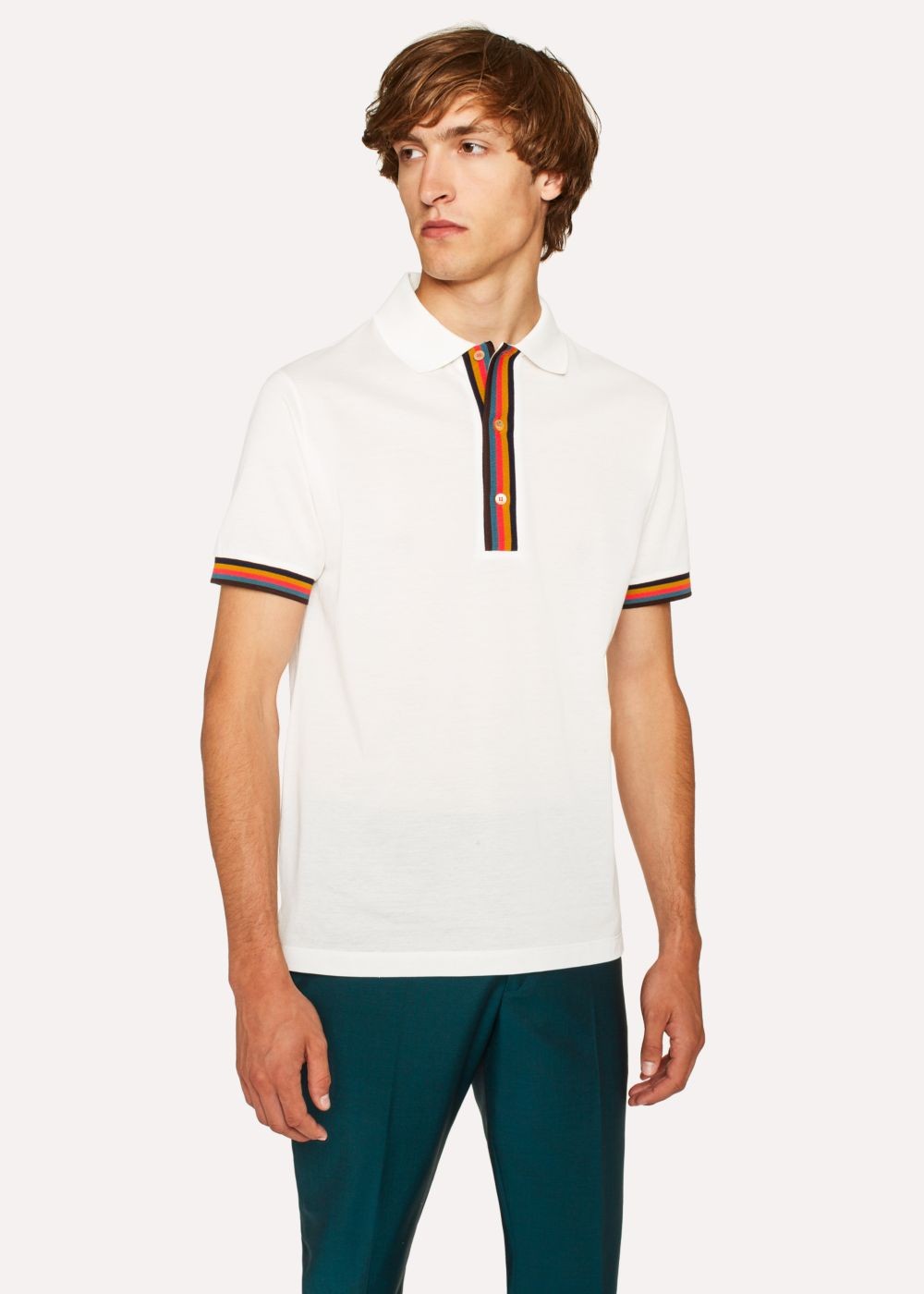 Paul Smith Men's Slim-Fit White Cotton-Piqué Polo T-Shirt With 'artist Stripe' Details