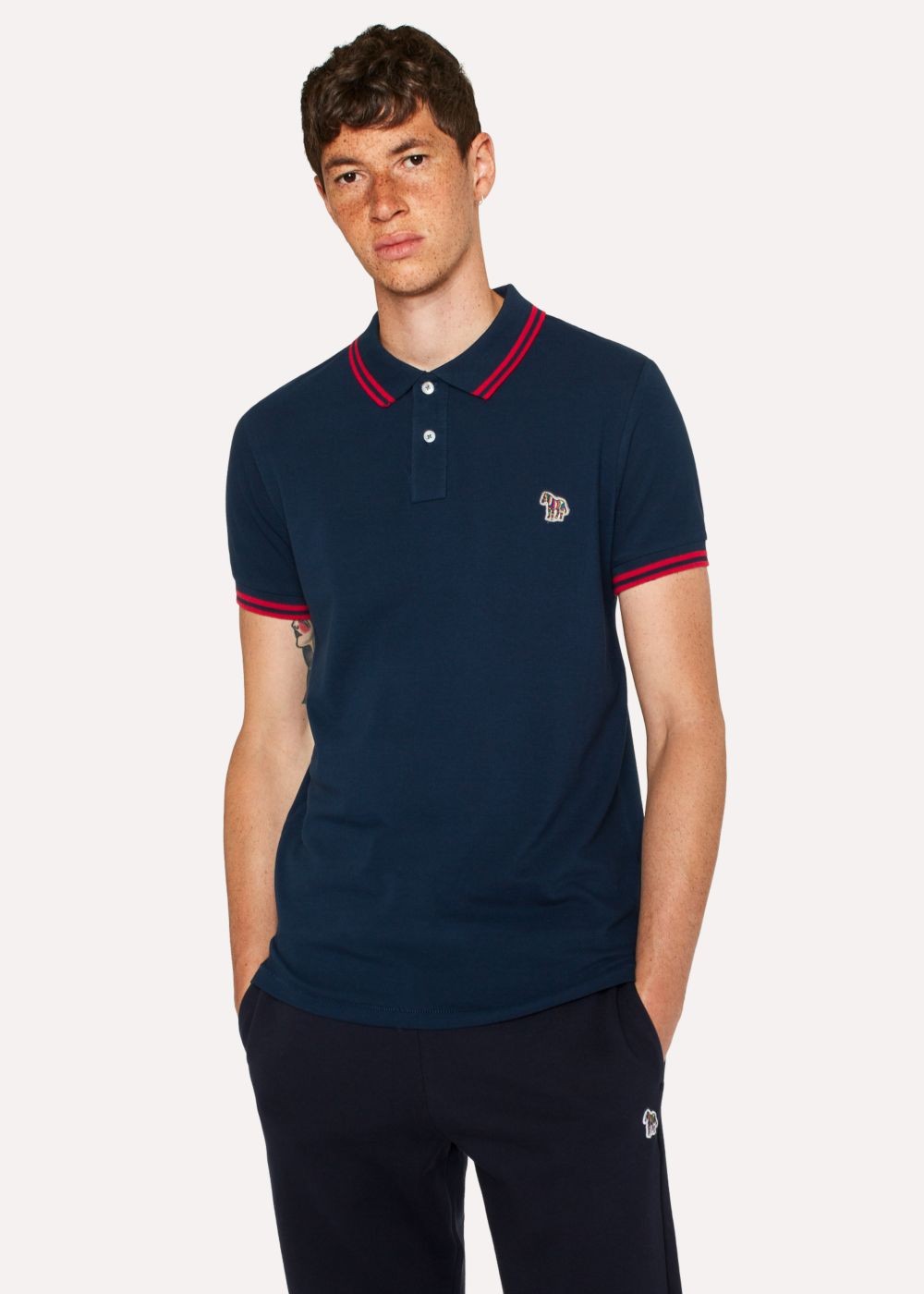 Paul Smith Men's Slim-Fit Navy Zebra Polo Tee With Red Tipping