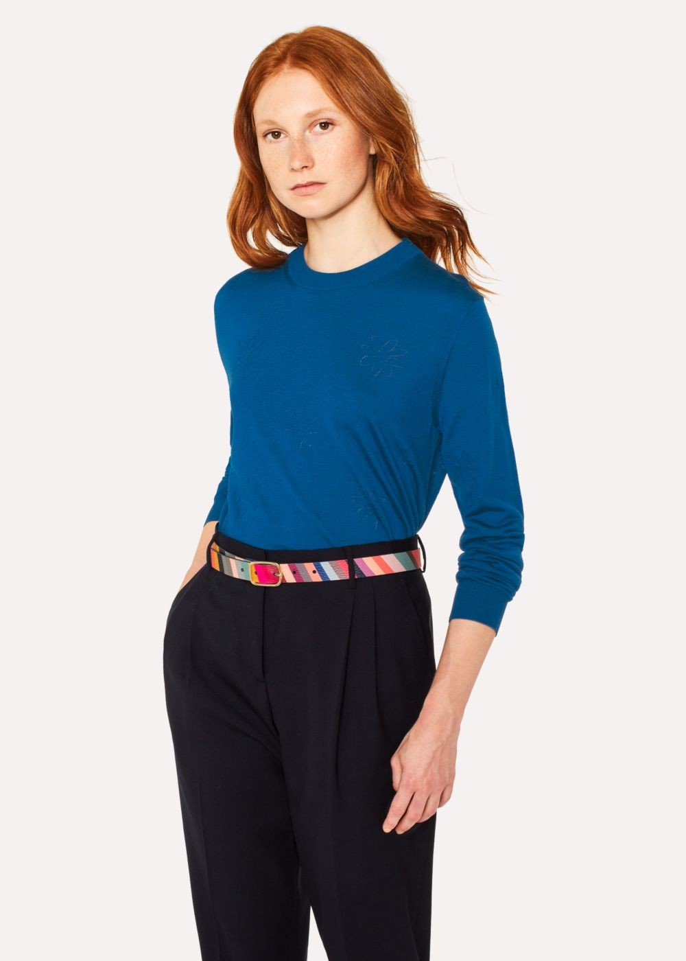 Paul Smith Lady's Blue Wool-Silk Openwork-Knit Sweater