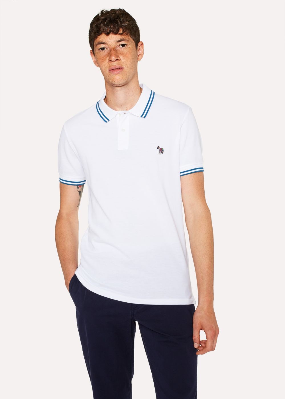 Paul Smith Men's Slim-Fit White Zebra Polo T-Shirts With Blue Tipping