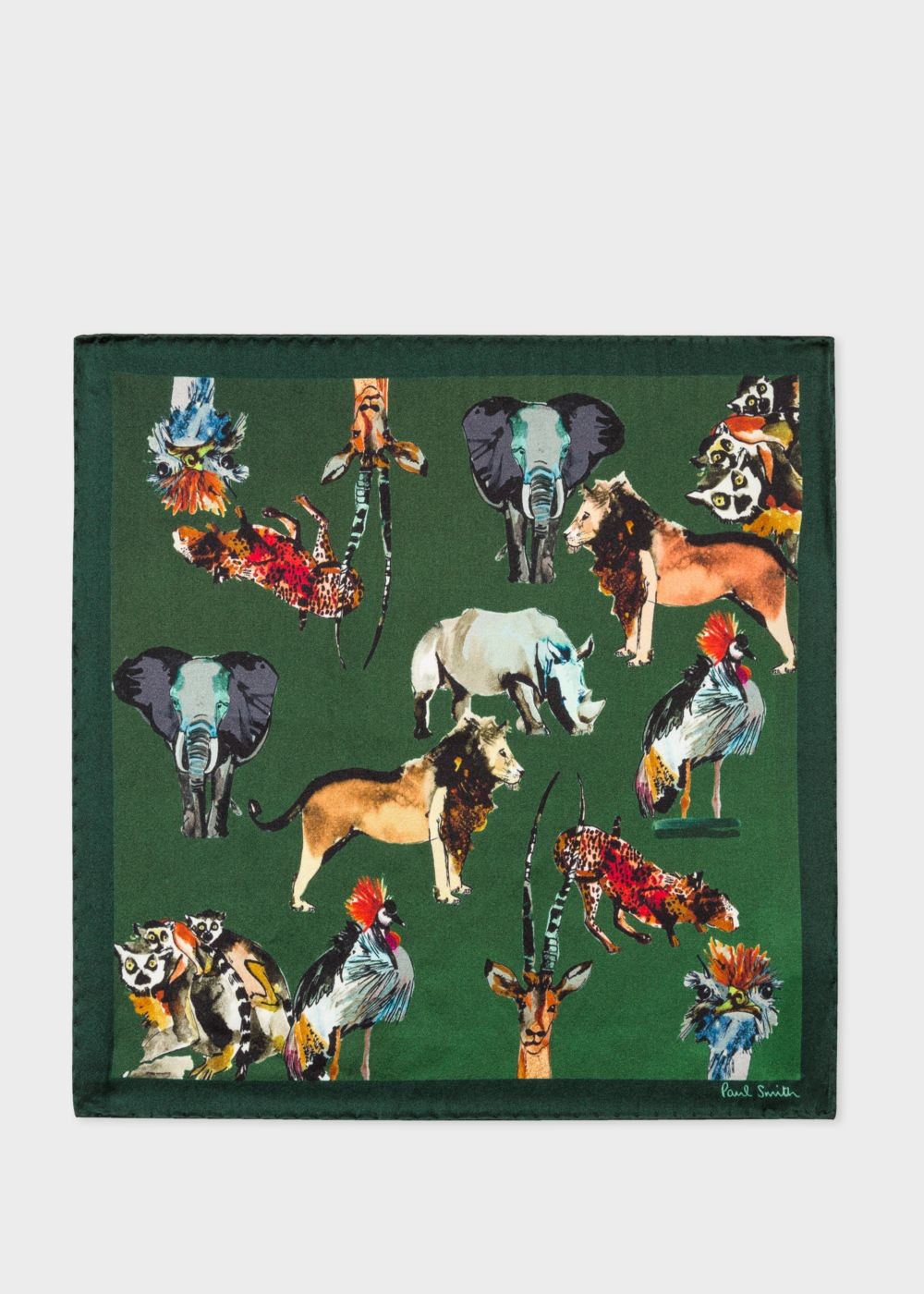 Paul Smith Mens's Green 'safari Animals' Print Silk Pocket Square Accessories
