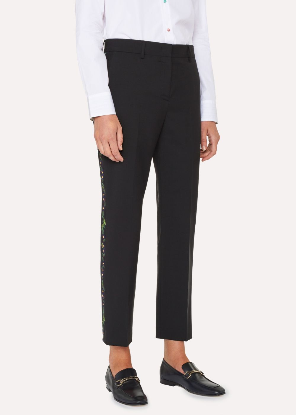 Paul Smith Lady's Black Wool-Mohair Pants With 'floral Stripe' Embroidery