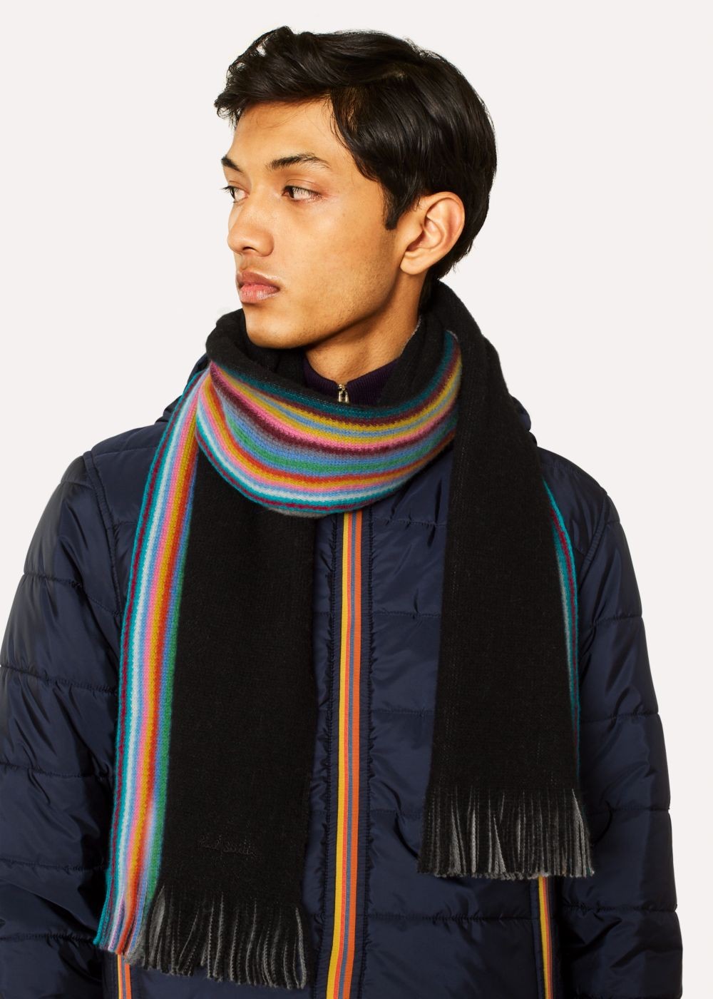Paul Smith Men's Double-Face Black Striped-Edge Wool Scarf