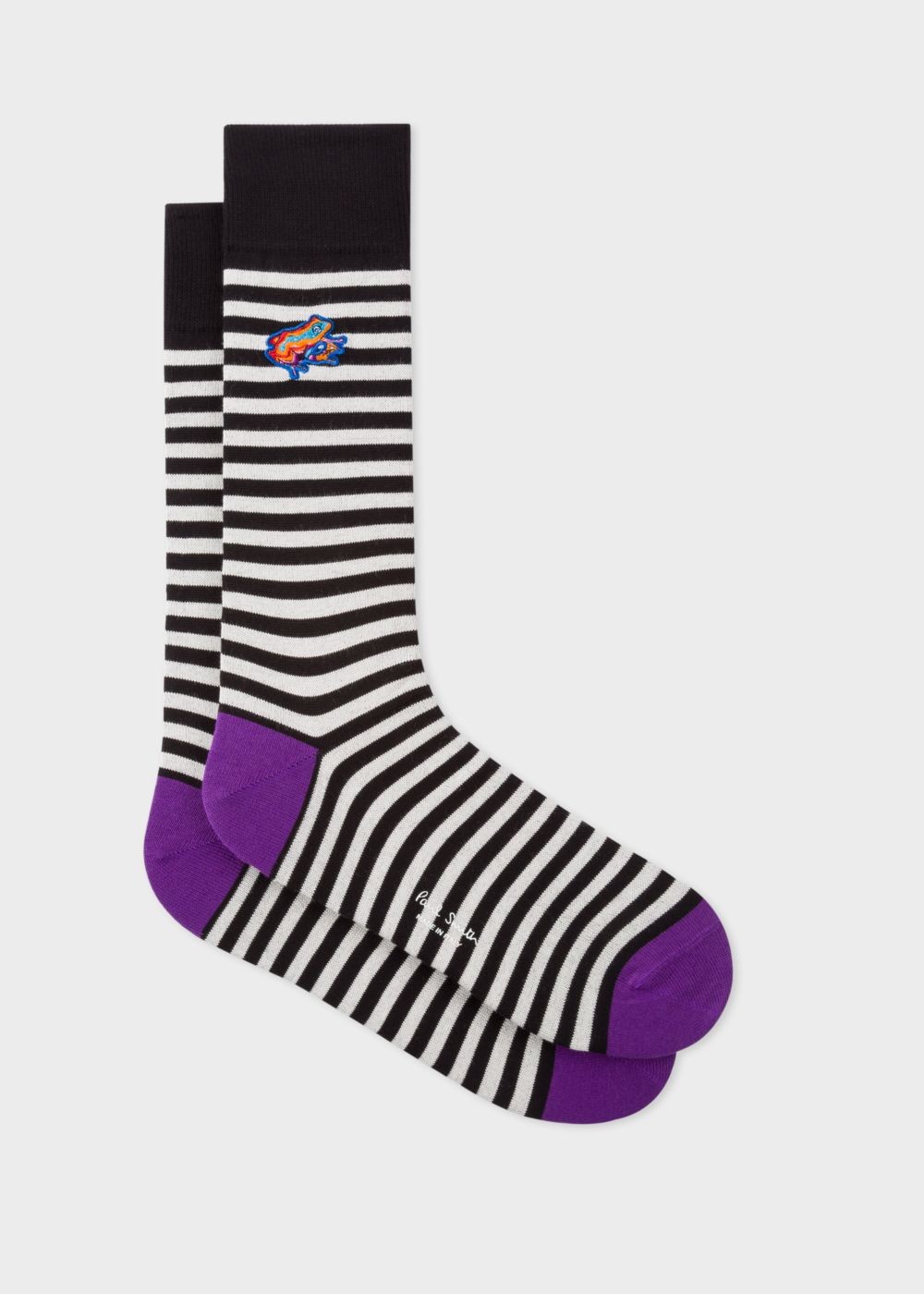 Paul Smith Men's Black And White Stripe Socks With 'dreamer Frog' Embroidery