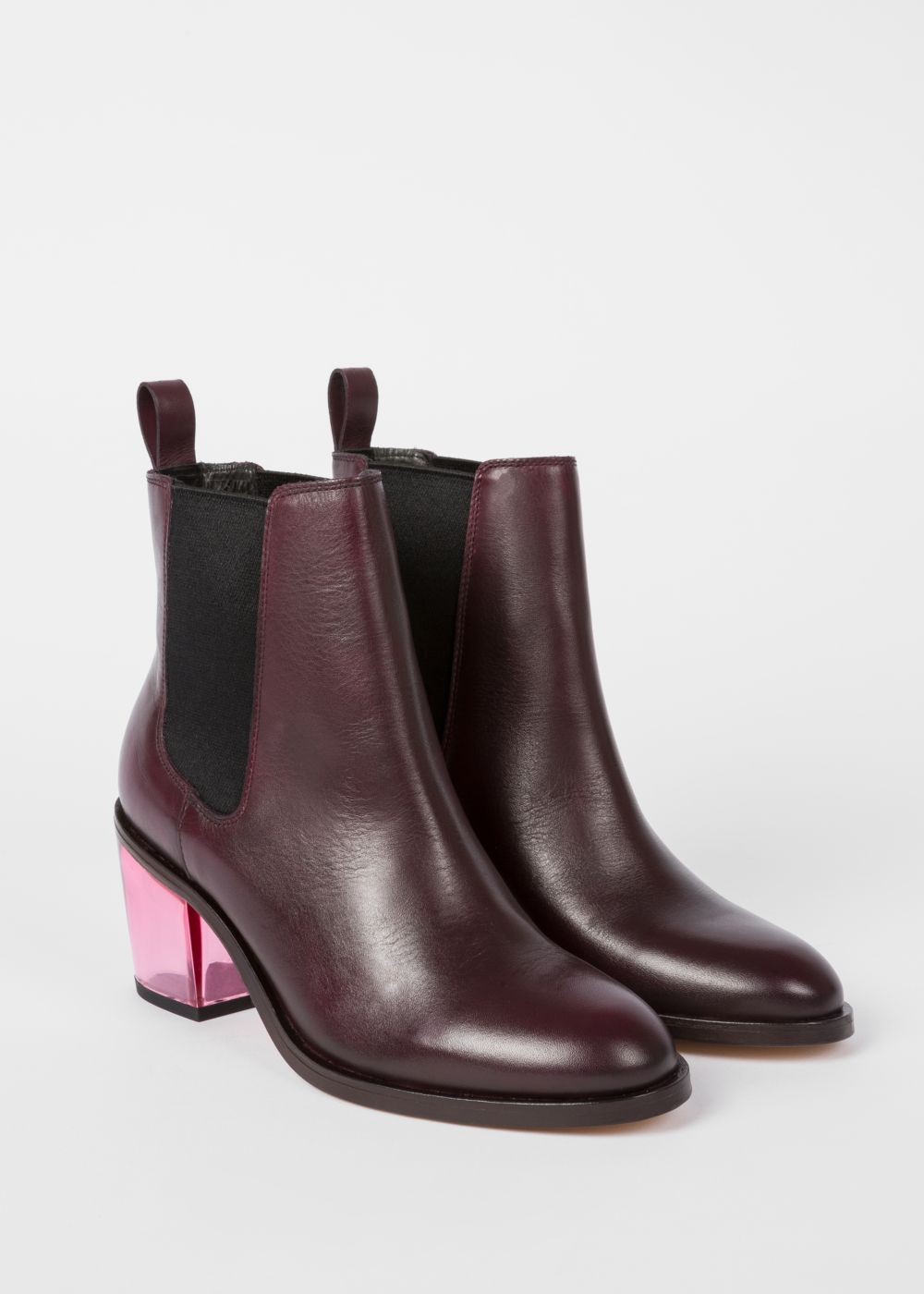 Paul Smith Lady's Bordeaux Leather 'shelby' Boots With Pink Transparent Heels