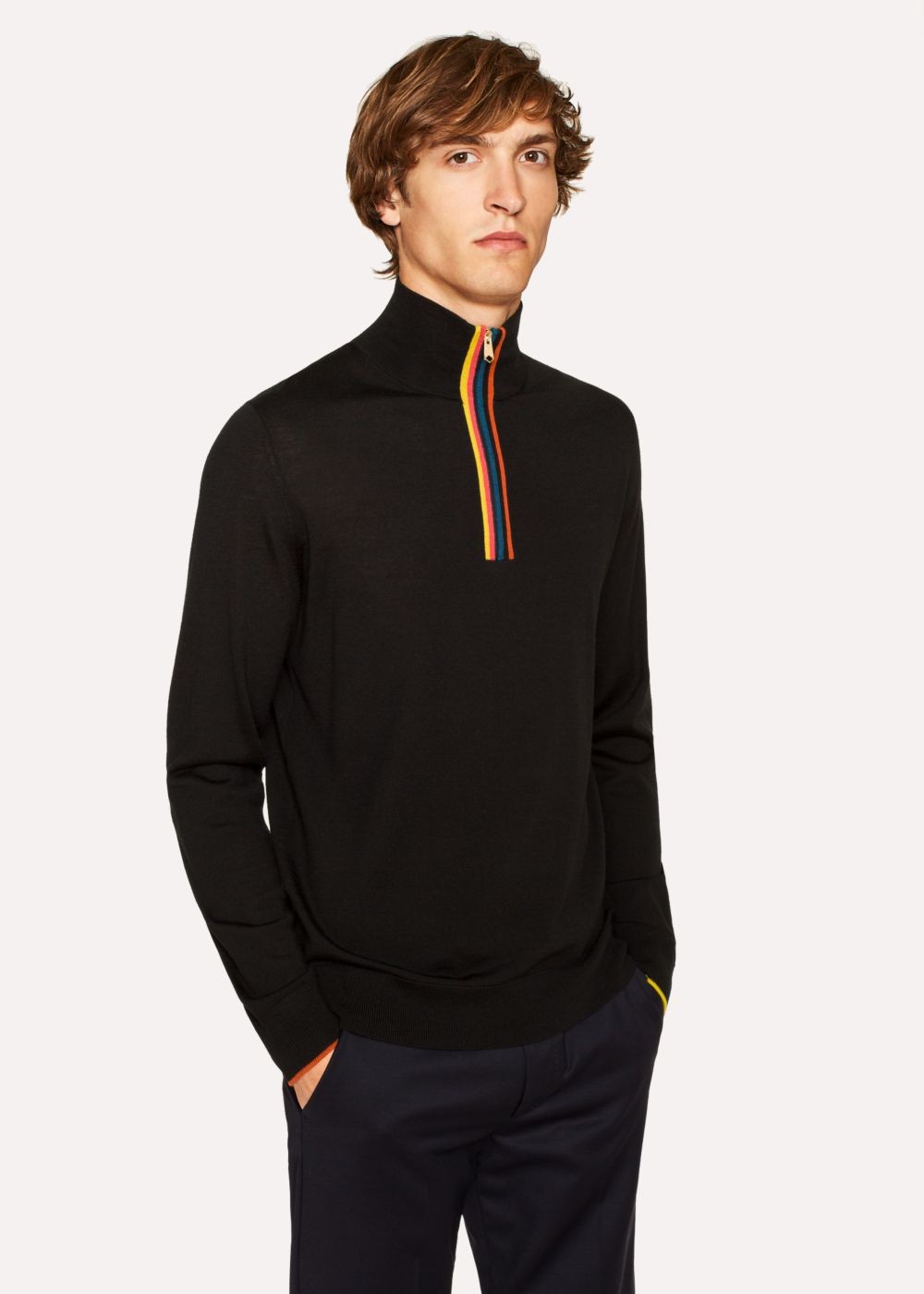 Paul Smith Mens's Black 'artist Stripe' Funnel Neck Wool Half-Zip Sweater