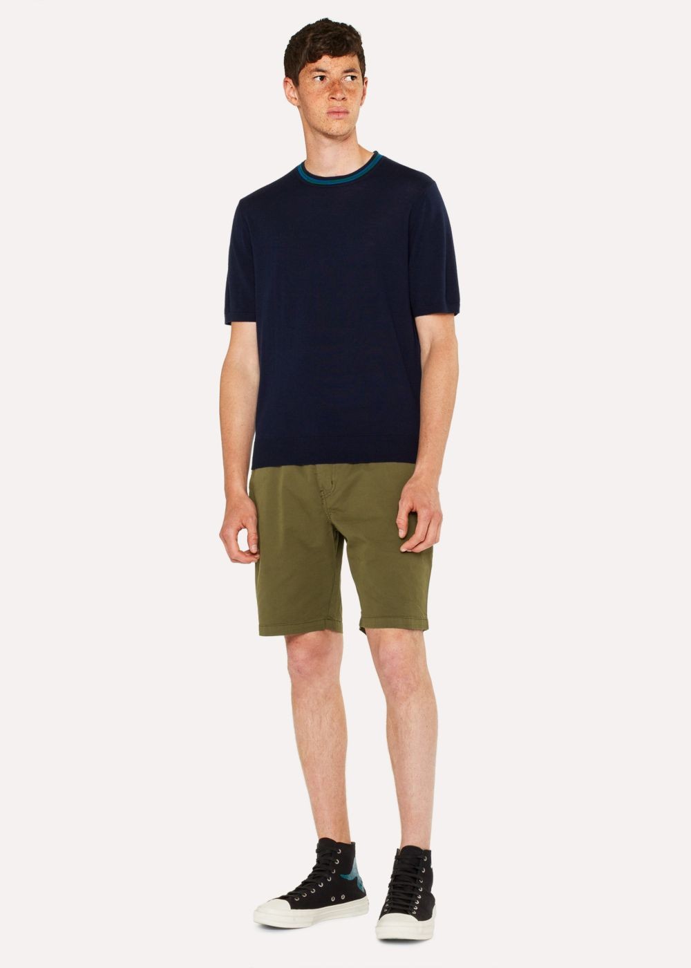 Paul Smith Men's Navy Merino Wool Short-Sleeve Sweater With Contrast Collar