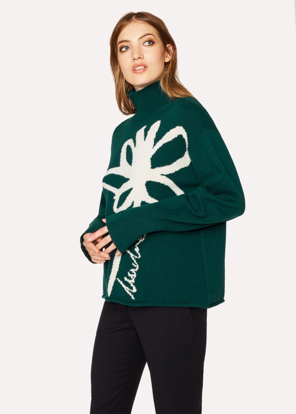 Paul Smith Womens's Dark Green Lambswool 'floral' Intarsia Funnel-Neck Sweater