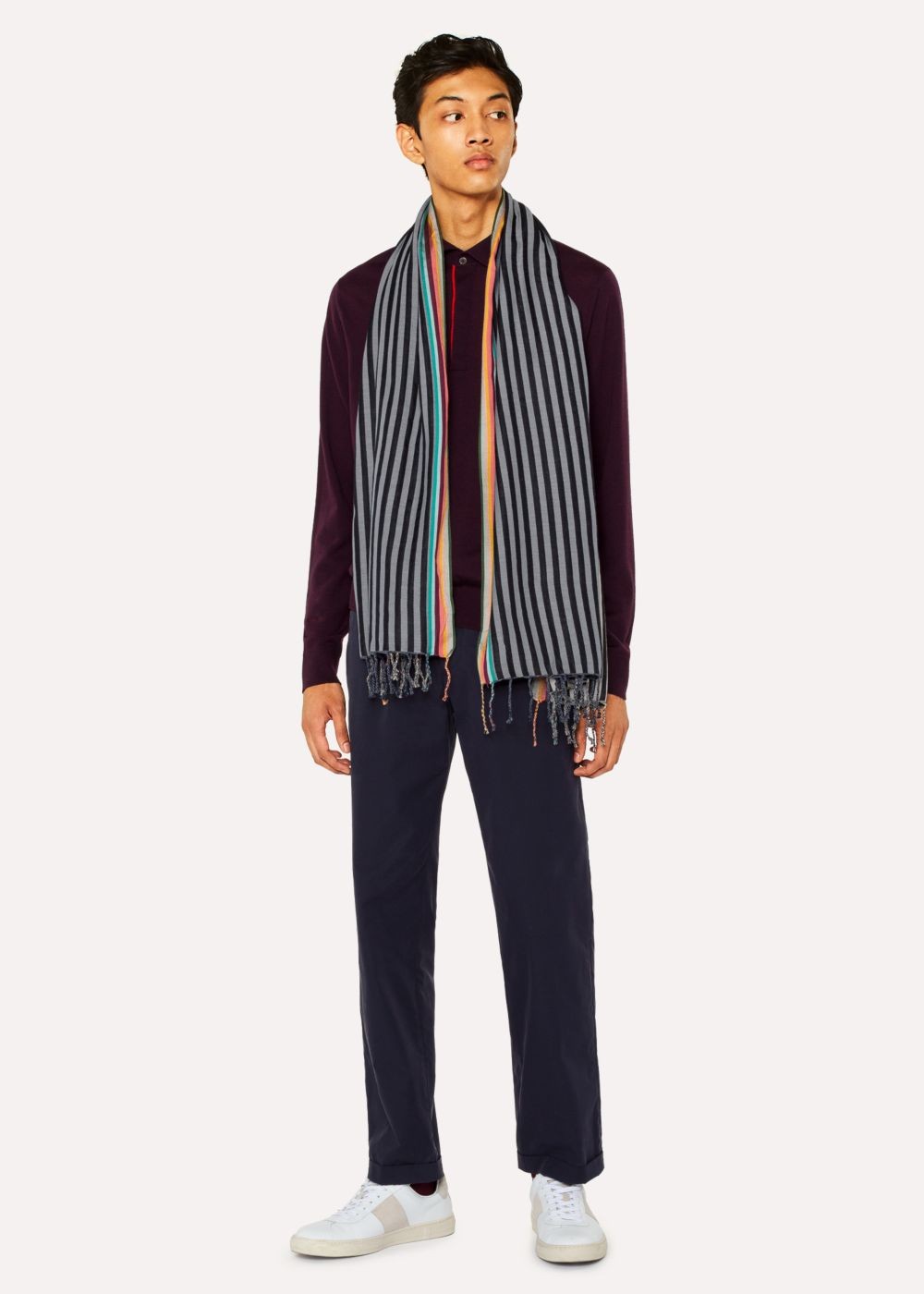 Paul Smith Men's Black And Grey Stripe Cotton-Silk Scarf