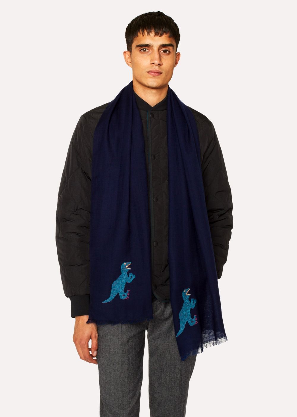 Paul Smith Men's Navy Embroidered 'dino' Wool Scarf