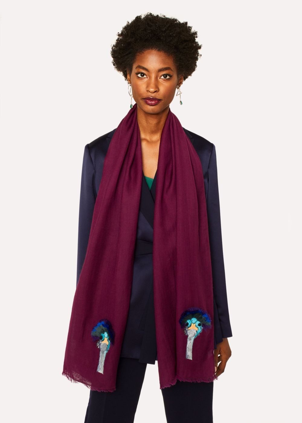 Paul Smith Lady's Burgundy 'ostrich' Embroidery Wool Scarf