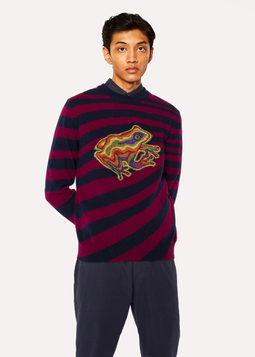 Paul Smith Men's Burgundy Stripe Sweater With 'dreamer Frog' Glitter Embroidery