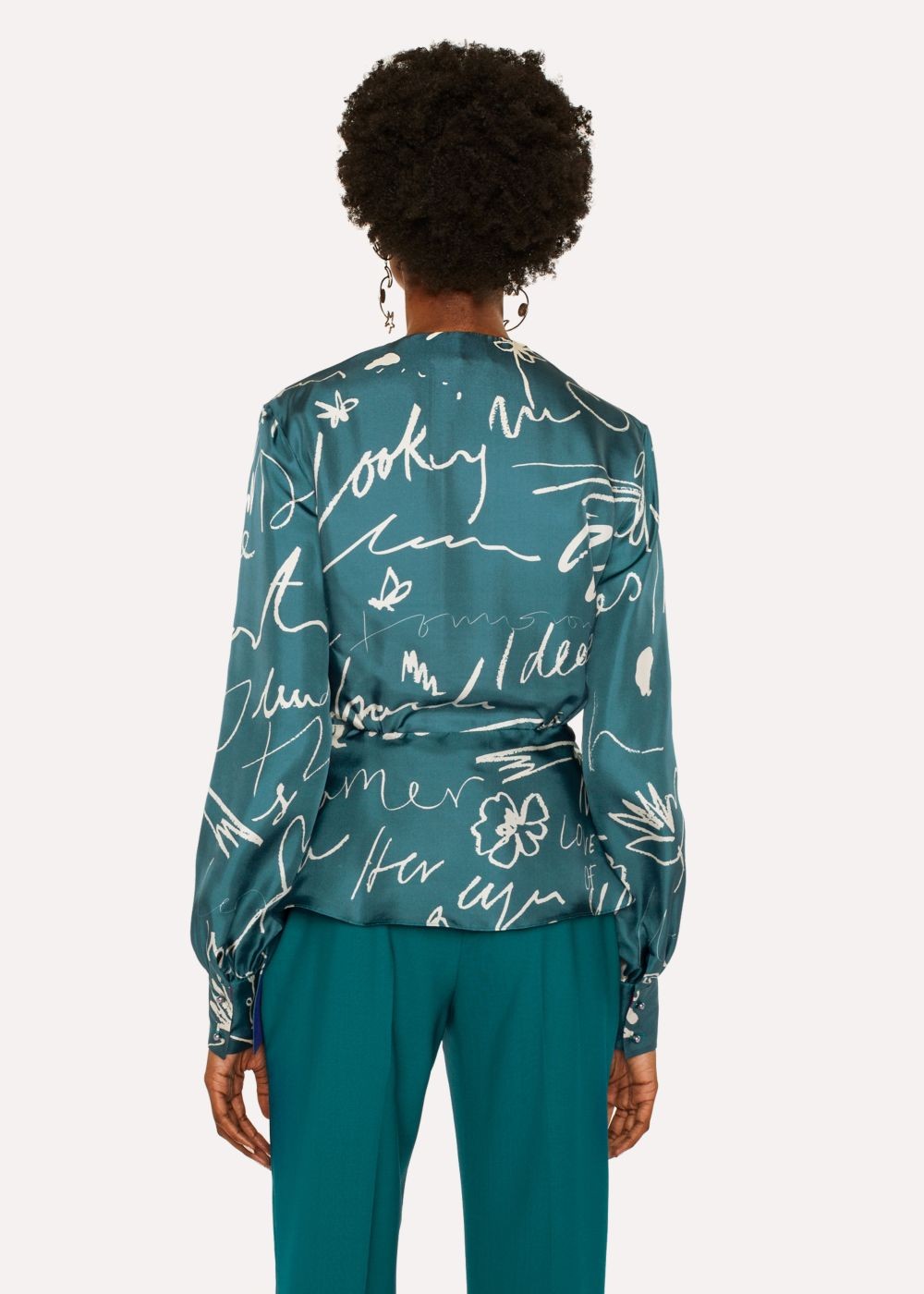 Paul Smith Lady's Teal 'ideas Script' Print Silk Wrap Top