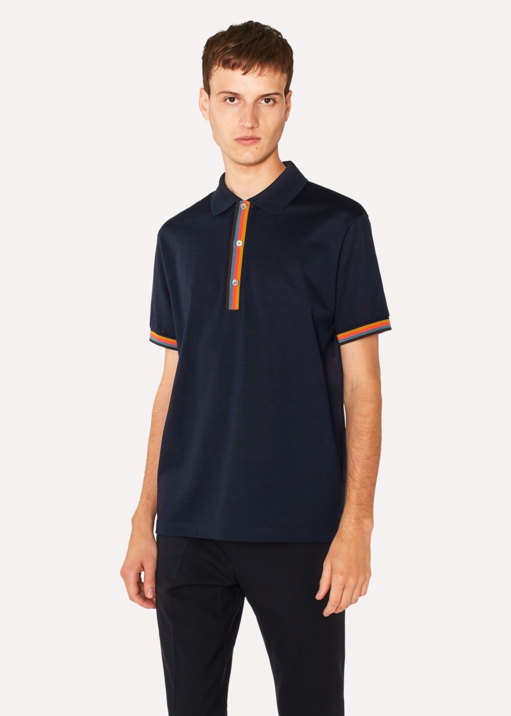 Paul Smith Men's Slim-Fit Navy Cotton-Piqué Polo Tee With 'artist Stripe' Details