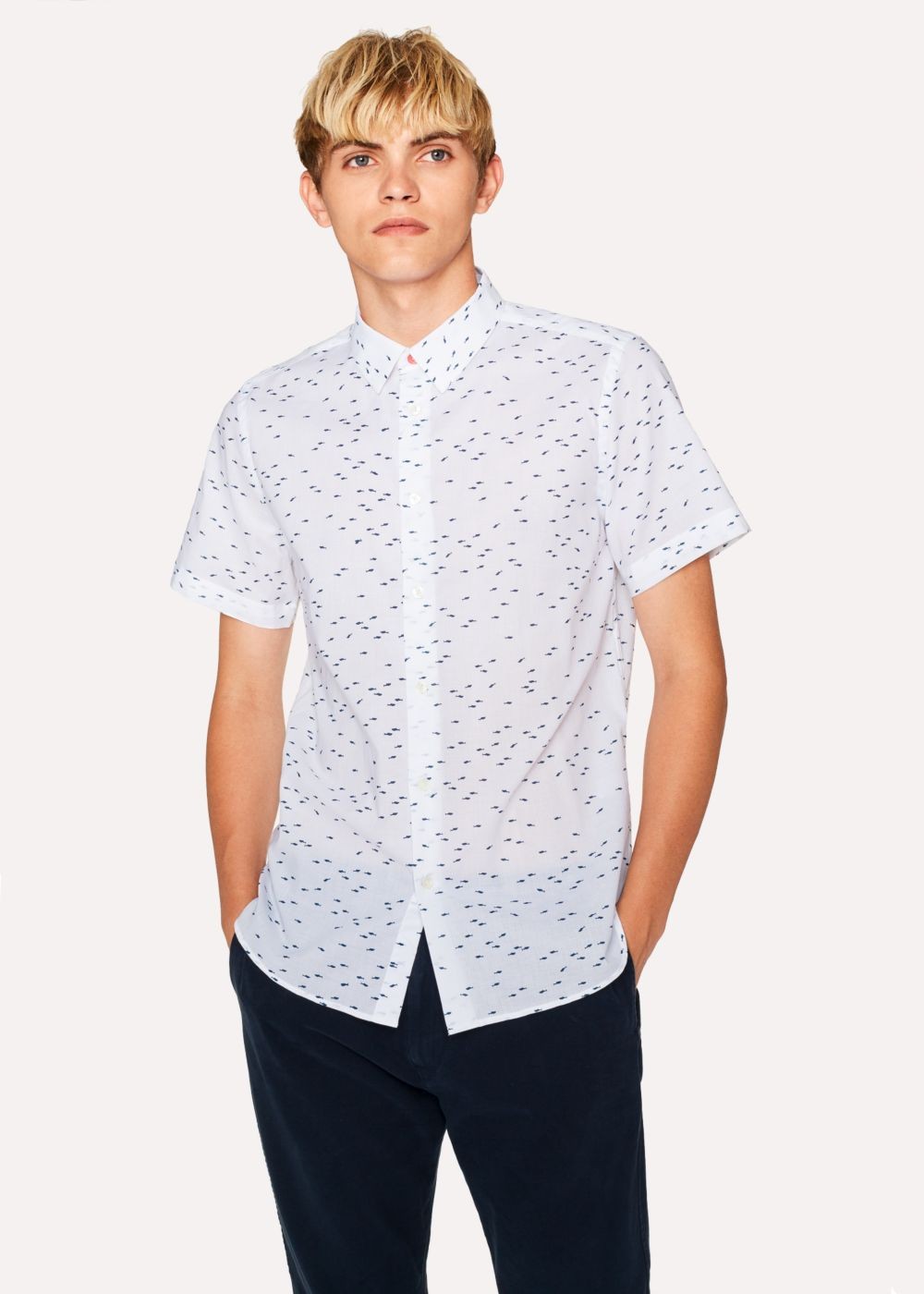 Paul Smith Men's Slim-Fit White 'mini Sharks' Print Short-Sleeve Cotton shirt