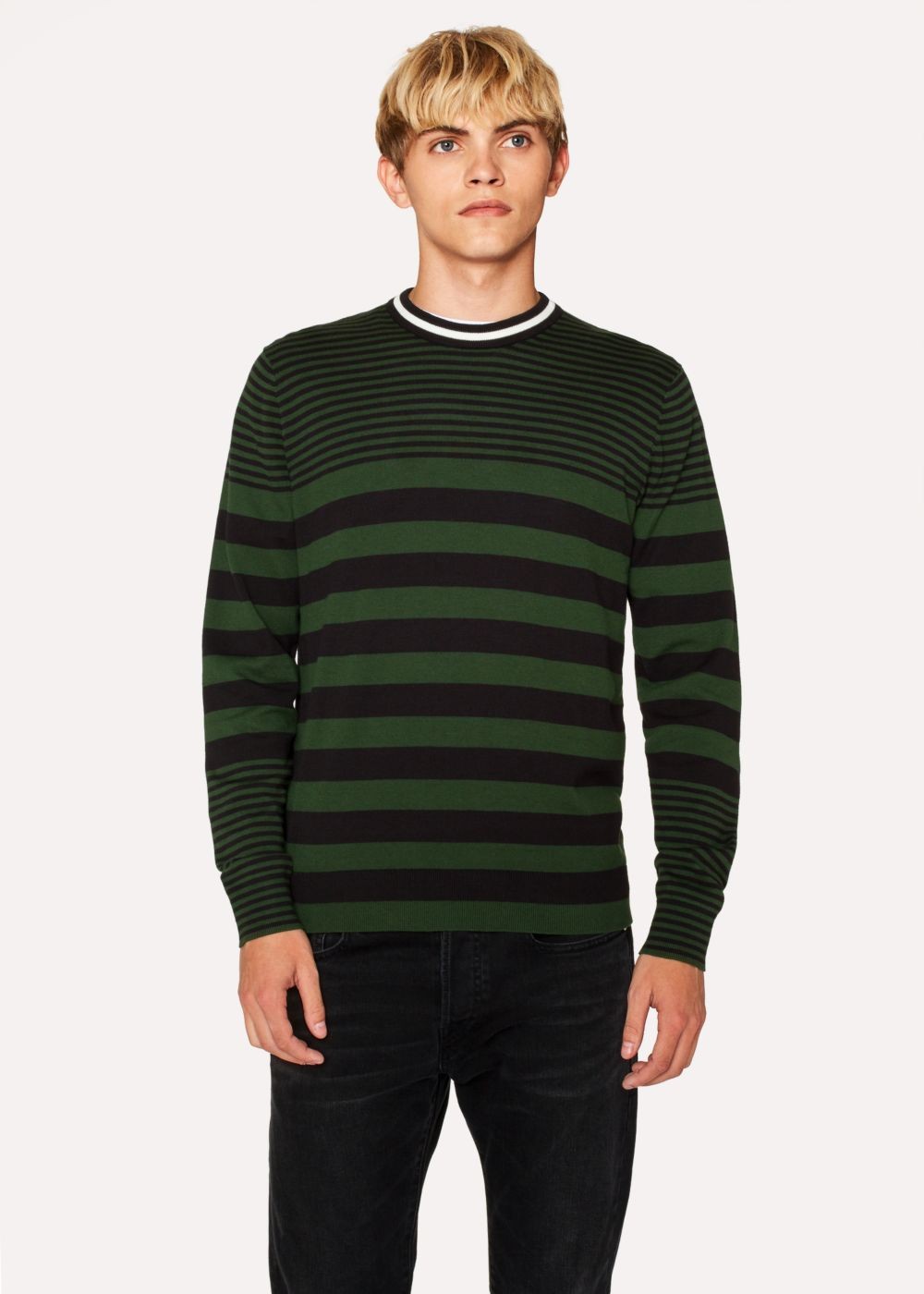 Paul Smith Mens's Khaki Stripe Crew Neck Sweater With Textured Collar