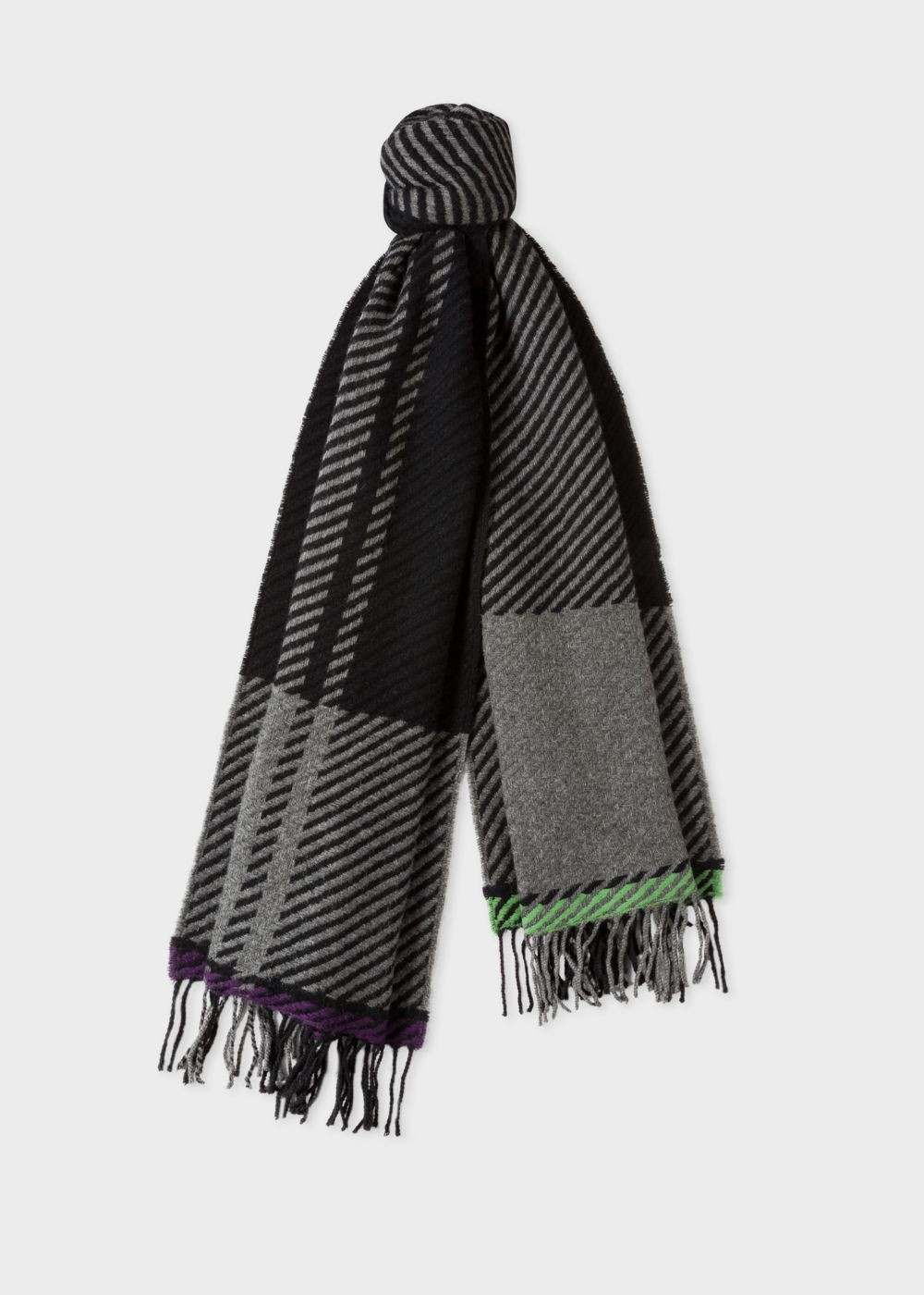 Paul Smith Men's Grey And Black Asymmetrical Check Wool Scarf