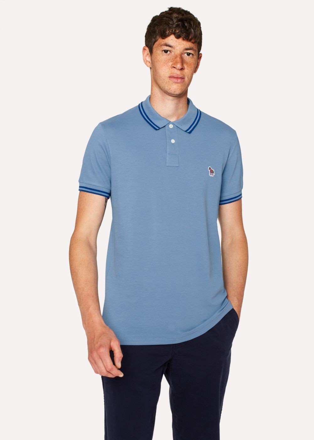 Paul Smith Men's Slim-Fit Light Blue Zebra Polo T-Shirt With Navy Tipping